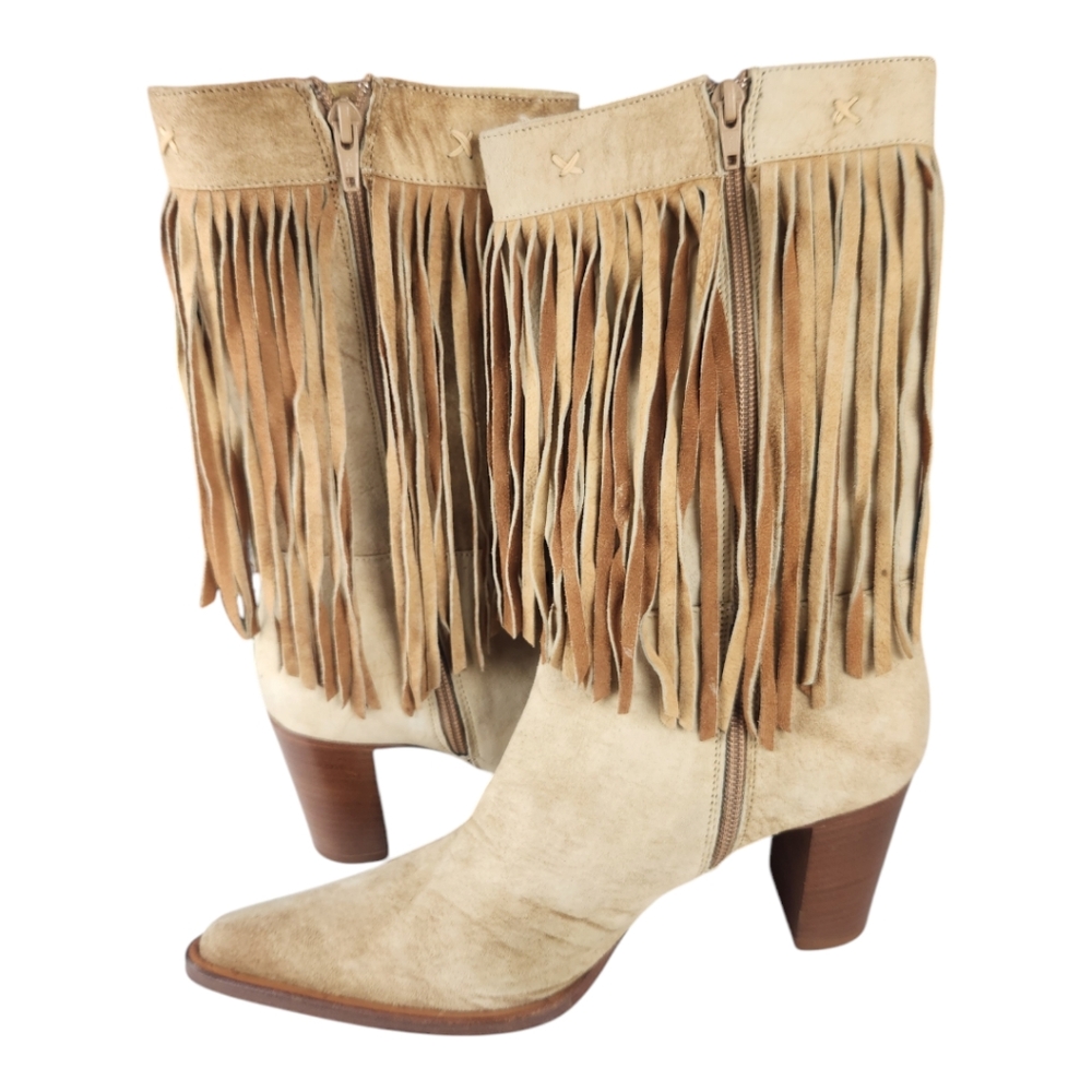 Carlos Falchi Fiorina Suede Leather Fringe Cowgirl Boots 3" Heel Mid-Cal… - Picture 6 of 10